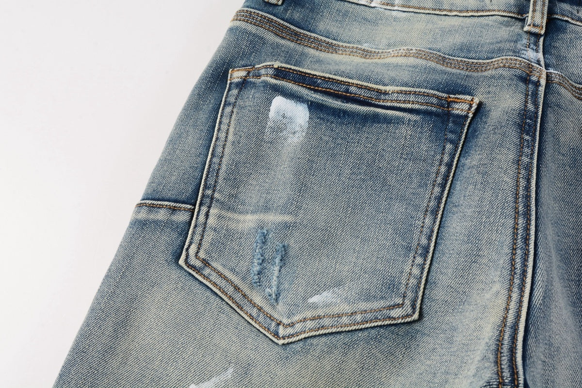 Men's Streetwear Slim Fit Distressed Blue Damaged Holes Graffiti Stretch Ripped Jeans