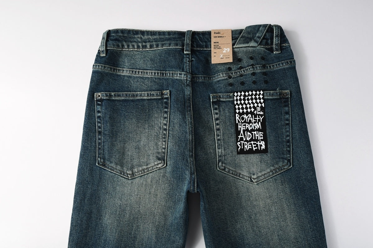 Men's Dark Vintage Wash Slim Skinny Jeans - Streetwear Denim