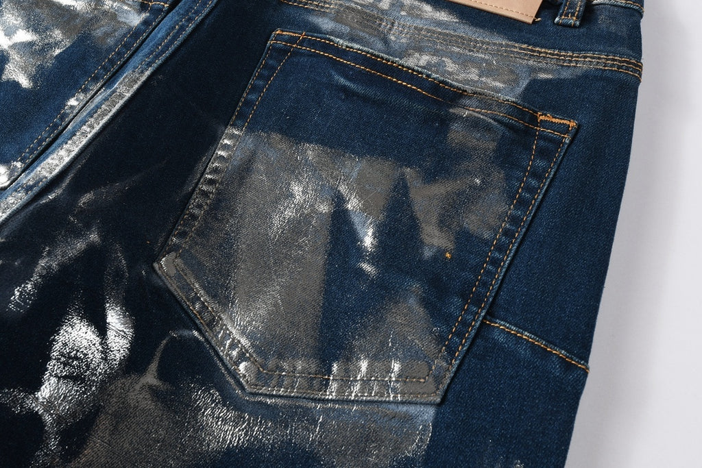 Men's Distressed Blue Skinny Jeans with Silver Coating, Ripped Holes & Button Fly
