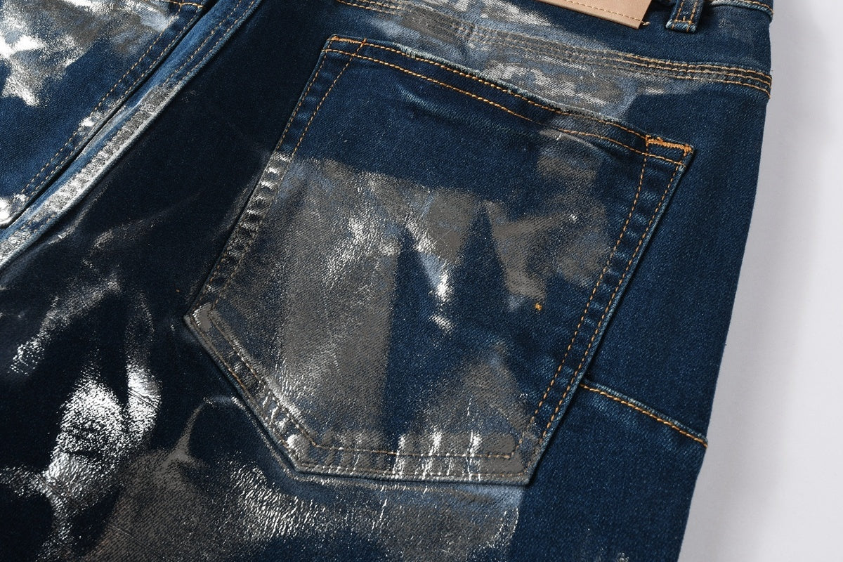 Men's Distressed Blue Skinny Jeans with Silver Coating, Ripped Holes & Button Fly