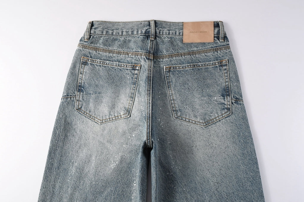 Men's Loose Distressed Blue Baggy Jeans with Coated Finish, Ripped Details & Stretch Fit