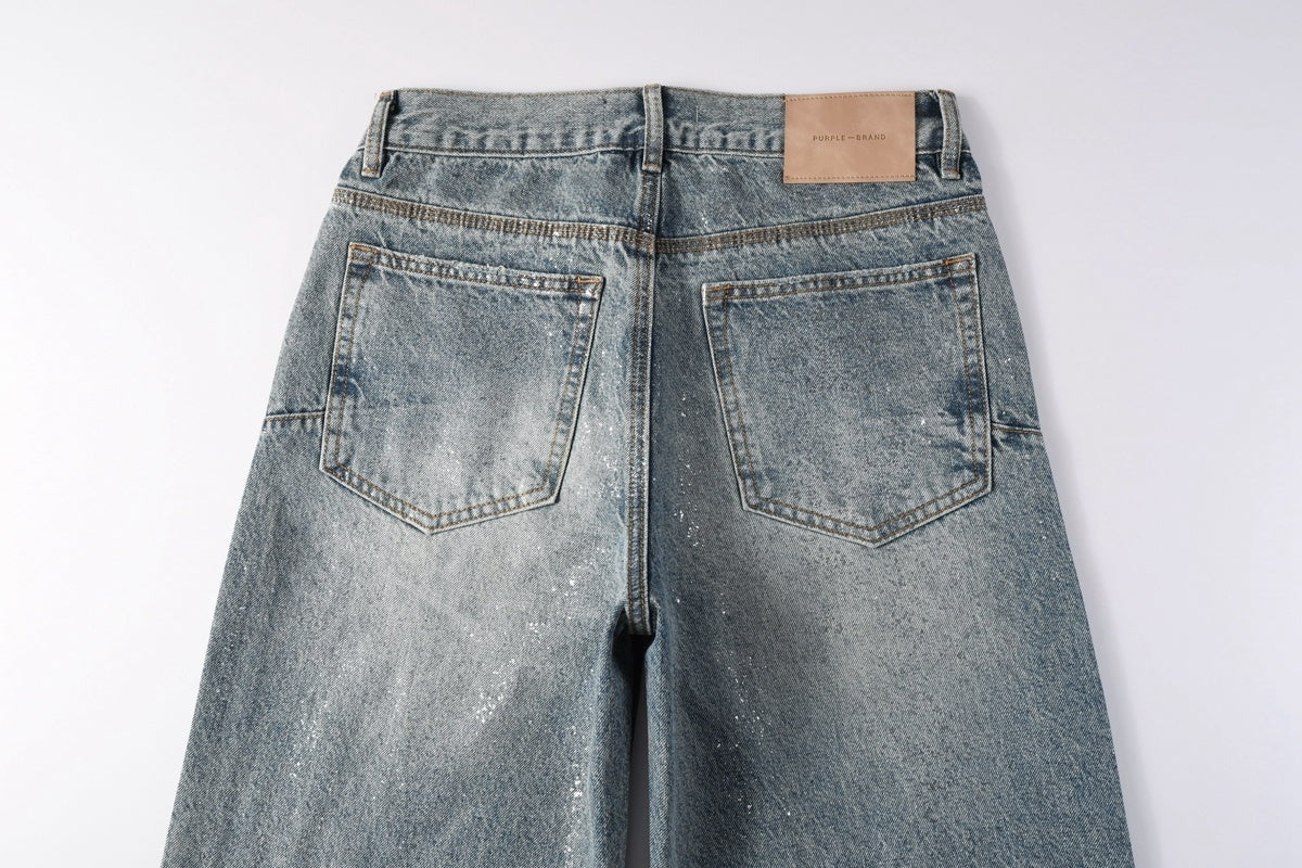 Men's Loose Distressed Blue Baggy Jeans with Coated Finish, Ripped Details & Stretch Fit