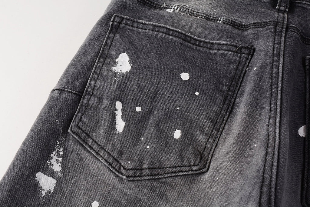 Men's Slim Fit Distressed Gray Damaged Holes Graffiti Stretch Ripped Jeans