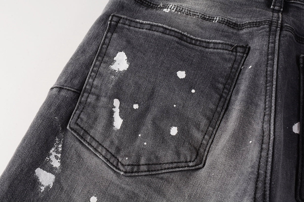 Men's Slim Fit Distressed Gray Damaged Holes Graffiti Stretch Ripped Jeans