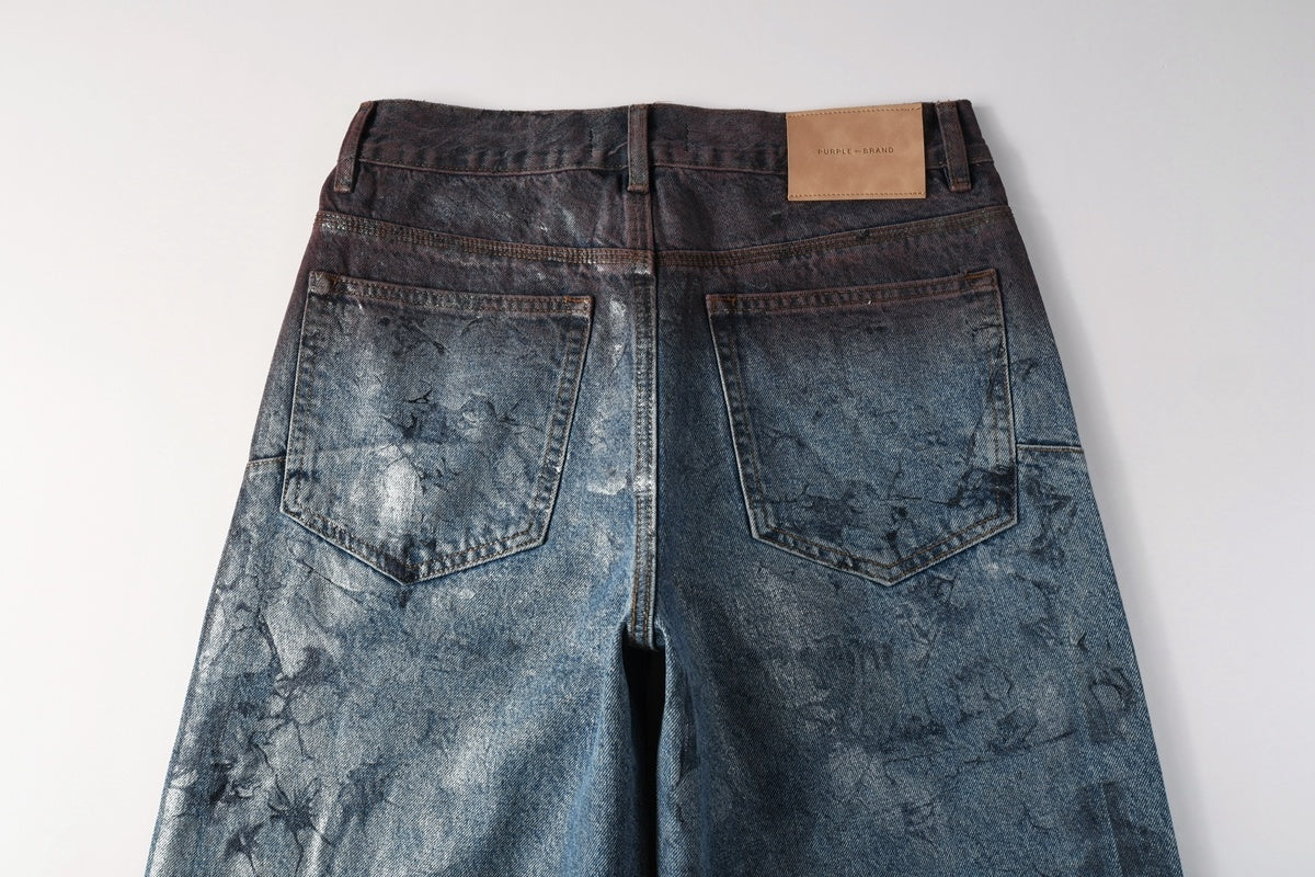 Men's Distressed Blue Coated Baggy Jeans with Graffiti Design & Stretch Fit