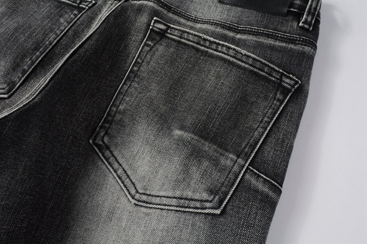 Men's Distressed Ash Gray Skinny Jeans with Ripped Holes & Button Fly