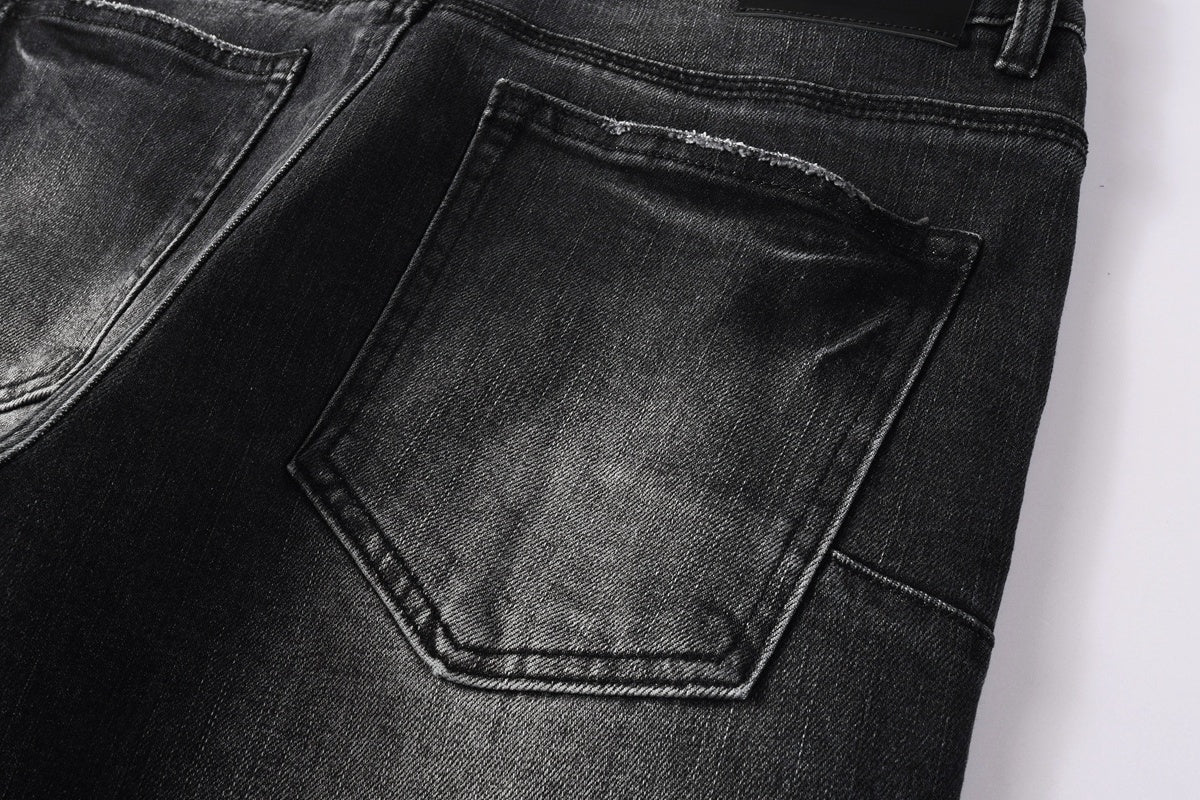 Men's Distressed Black Gray Skinny Jeans with Patchwork, Ripped Holes & Button Fly