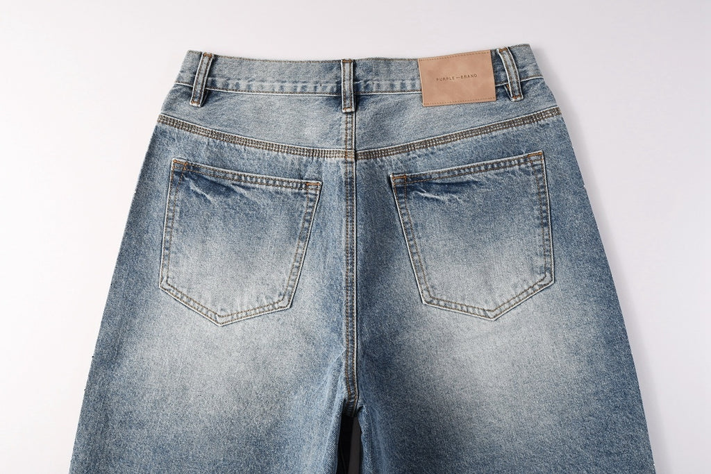 Men's Distressed Washed Blue Baggy Denim Shorts with Stretch Fit