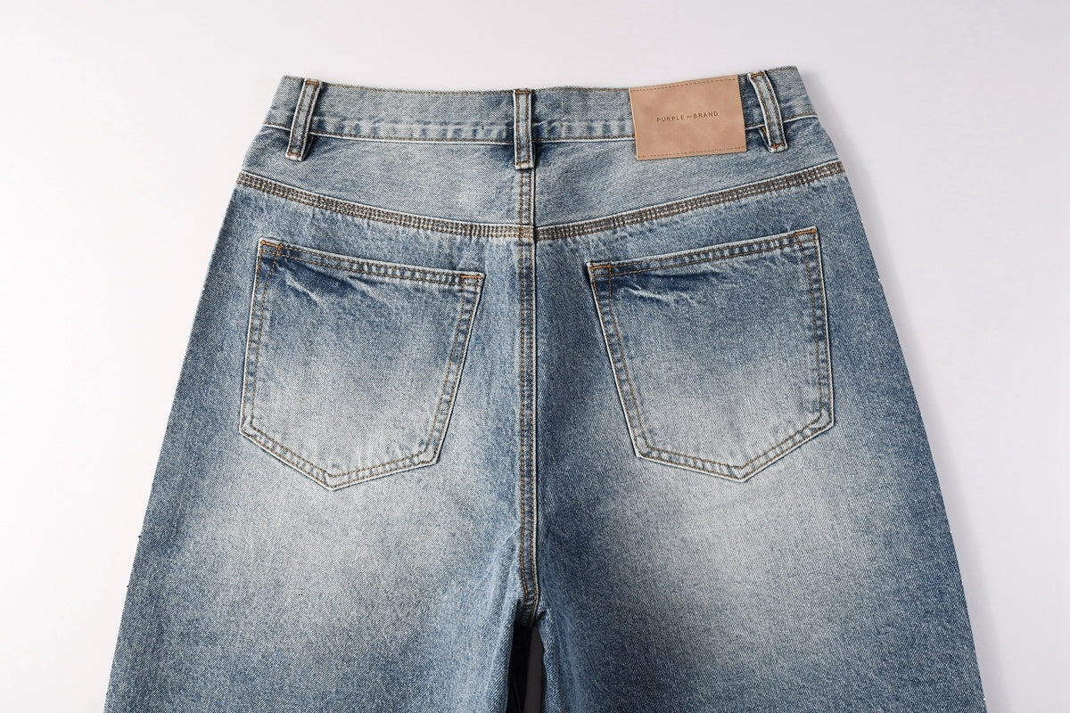 Men's Distressed Washed Blue Baggy Denim Shorts with Stretch Fit