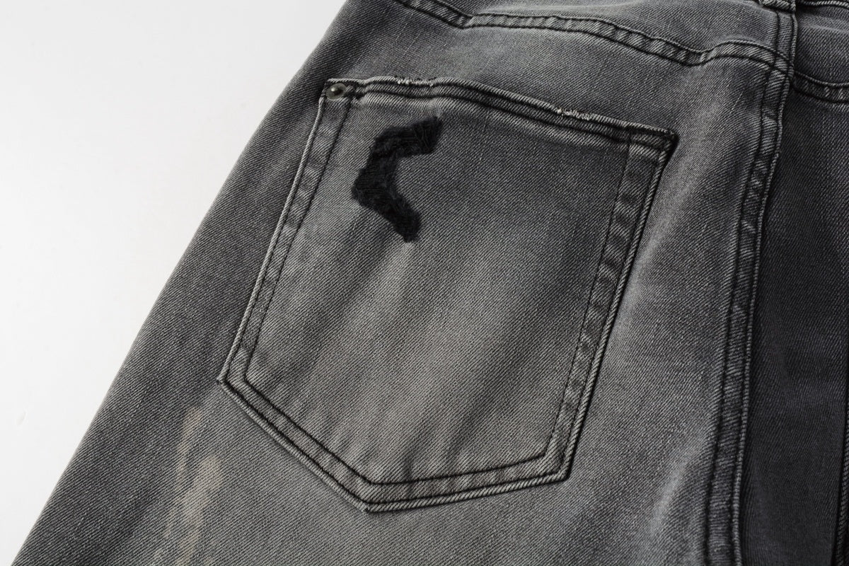 Men's Grey Wash Embroidered Distressed Skinny Jeans - Stretch Denim