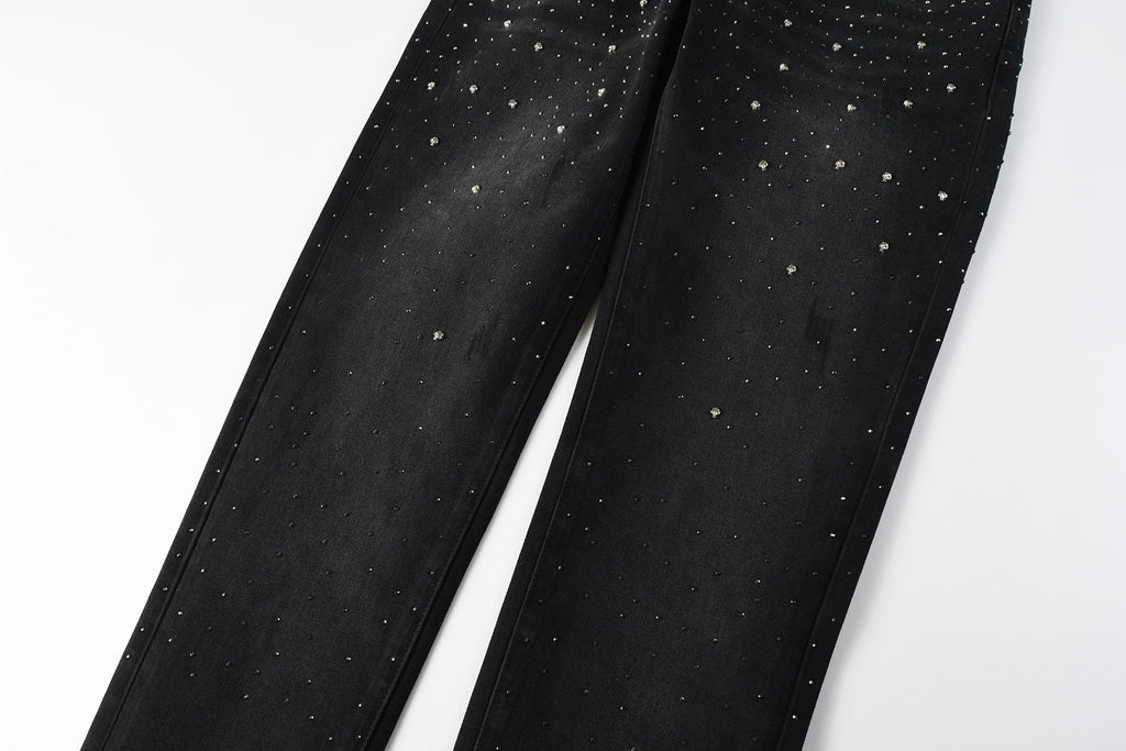 Men's Distressed Black Skinny Jeans with Ripped Holes, Rhinestones & Button Fly
