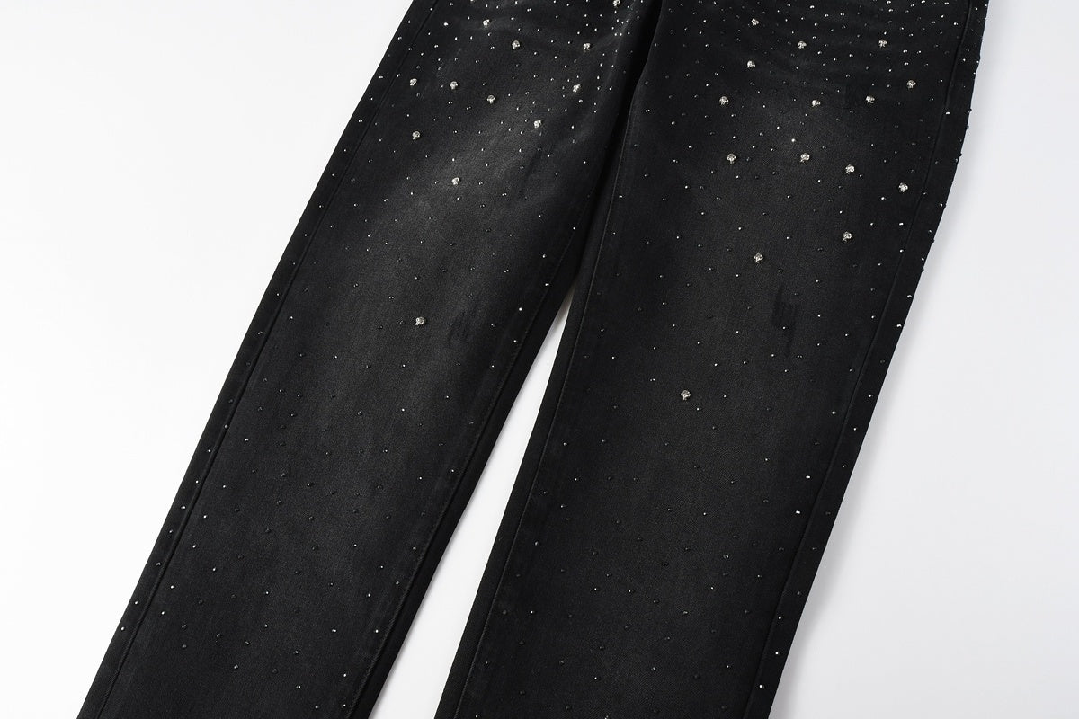 Men's Distressed Black Skinny Jeans with Ripped Holes, Rhinestones & Button Fly