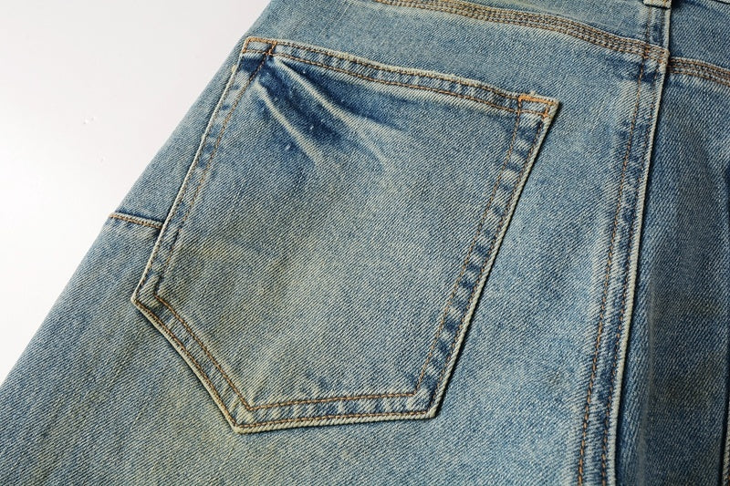 Slim Fit American Men's Distressed Blue Skinny Jeans with Ripped Holes & Button Fly