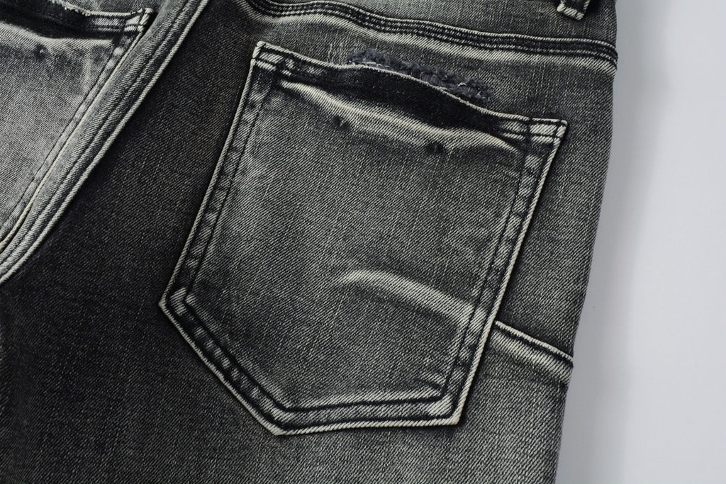 Men's High Street Distressed Ash Gray Skinny Jeans with Ripped Holes & Button Fly