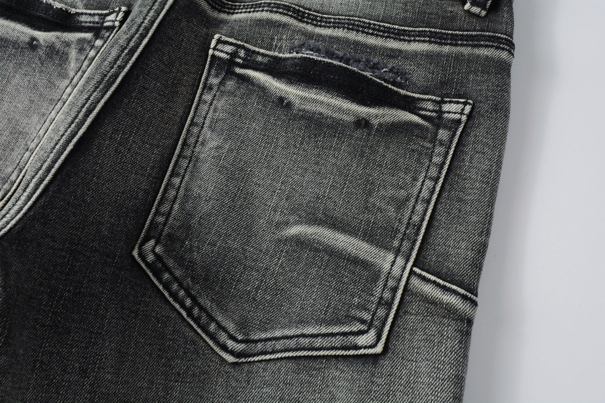 Men's High Street Distressed Ash Gray Skinny Jeans with Ripped Holes & Button Fly
