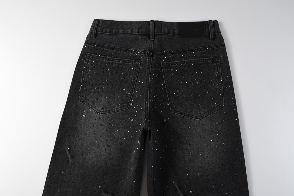 Men's High Street Fashion Black Distressed Baggy Jeans with Rhinestone Detailing & Loose Fit
