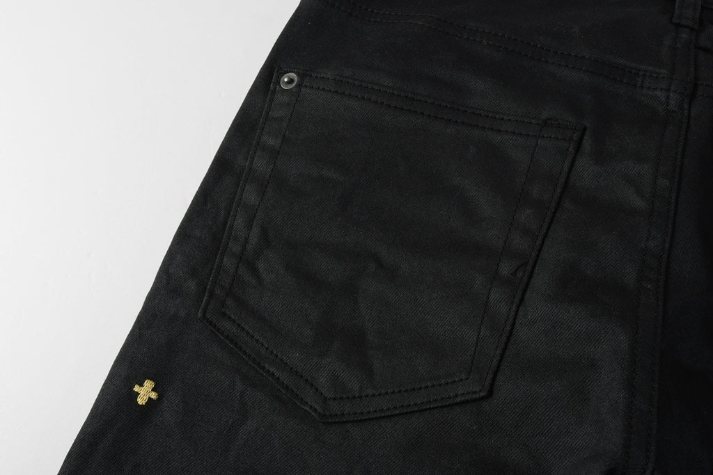 Men’s Black Waxed Skinny Jeans - Gold Studded Streetwear Denim