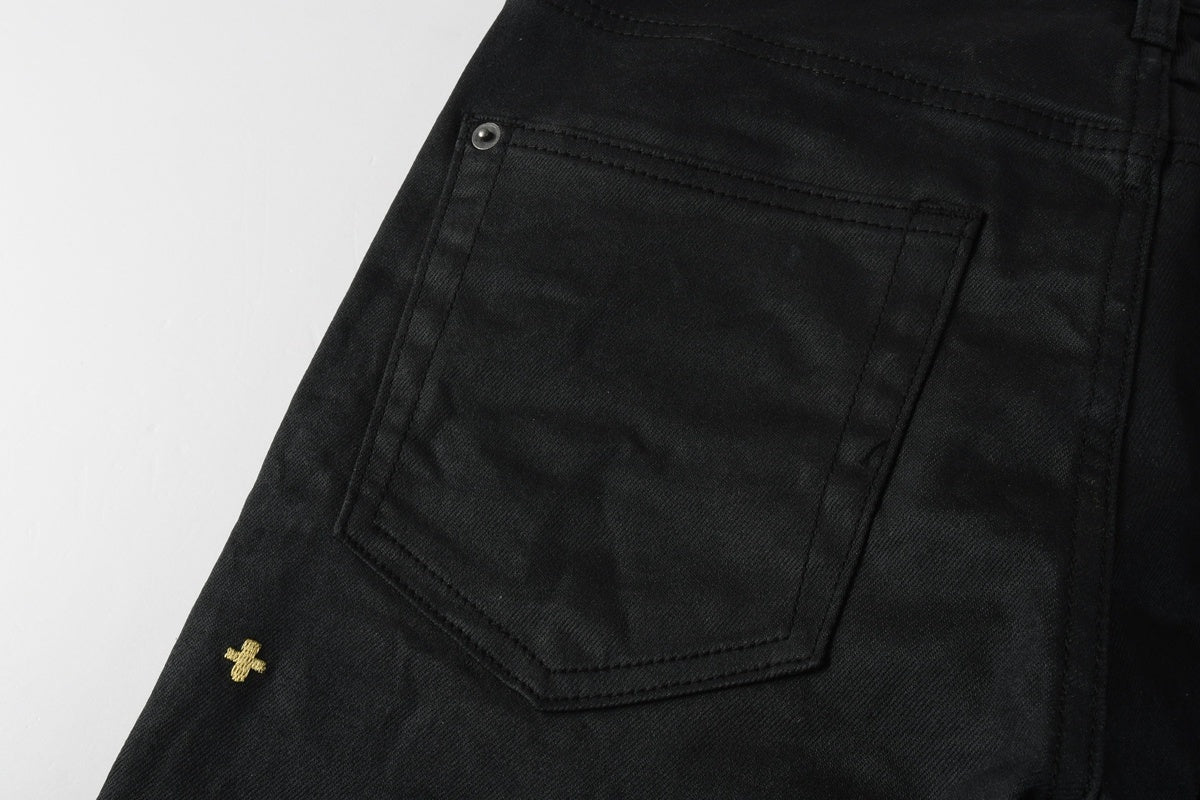 Men’s Black Waxed Skinny Jeans - Gold Studded Streetwear Denim