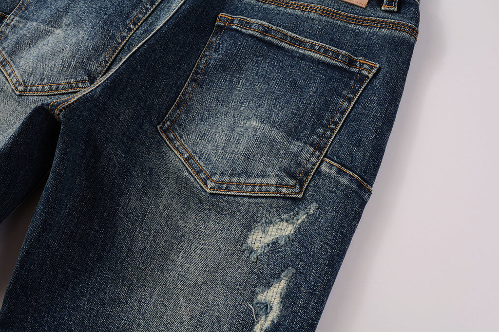 Men's Distressed Dark Blue Skinny Jeans with Ripped Holes & Button Fly