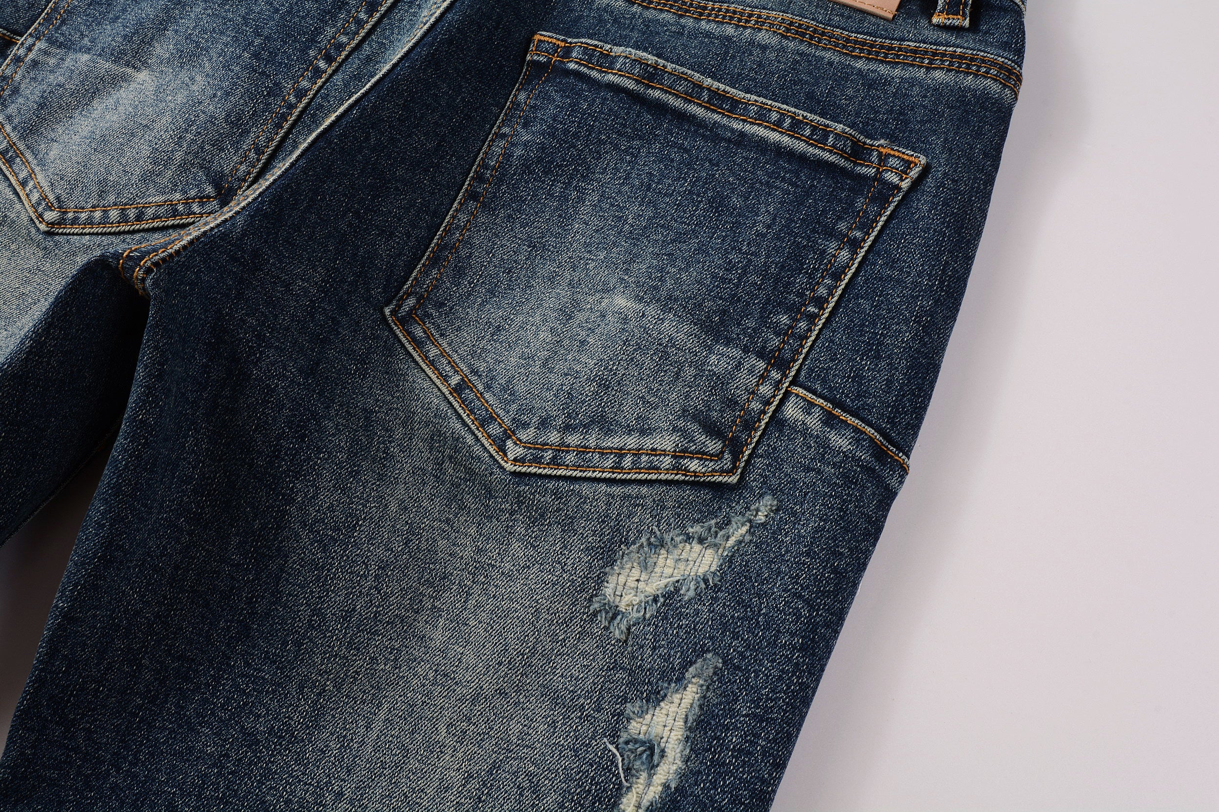 Men's Distressed Dark Blue Skinny Jeans with Ripped Holes & Button Fly