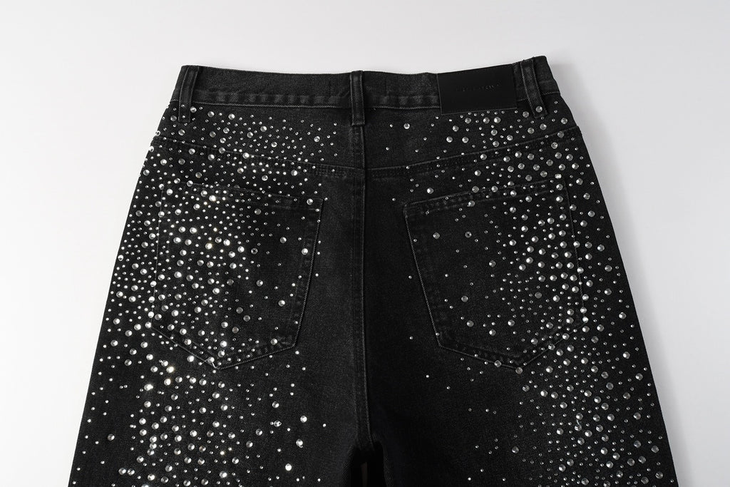 Men's Distressed Black Denim Shorts with Rhinestones, Ripped Holes & Raw Hem