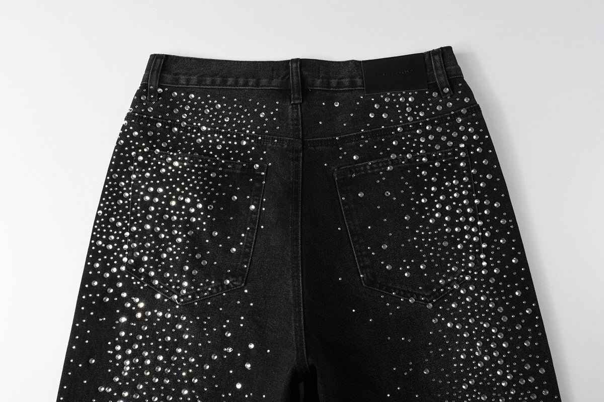 Men's Distressed Black Denim Shorts with Rhinestones, Ripped Holes & Raw Hem