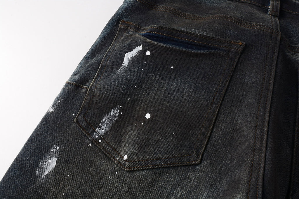 Men's High Street Distressed Black Spray Painted Stretch Slim Fit Ripped Jeans