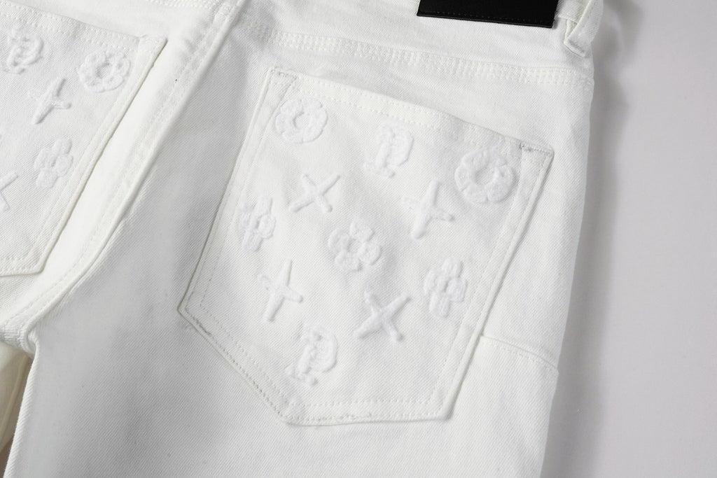 Men's Distressed White Skinny Jeans with Embroidered Patterns & Ripped Holes & Button Fly