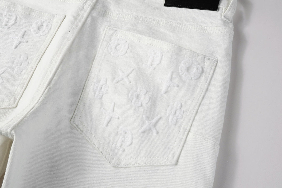 Men's Distressed White Skinny Jeans with Embroidered Patterns & Ripped Holes & Button Fly