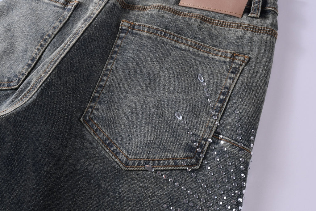 Men's Washed Blue Skinny Jeans with Ripped Holes, Rhinestones & Button Fly