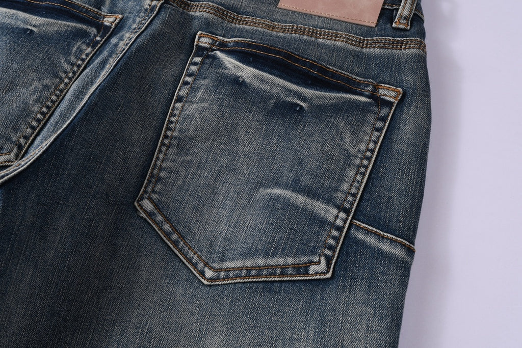 Men's Distressed Blue Skinny Jeans with Devil Suture Design & Ripped Holes & Button Fly
