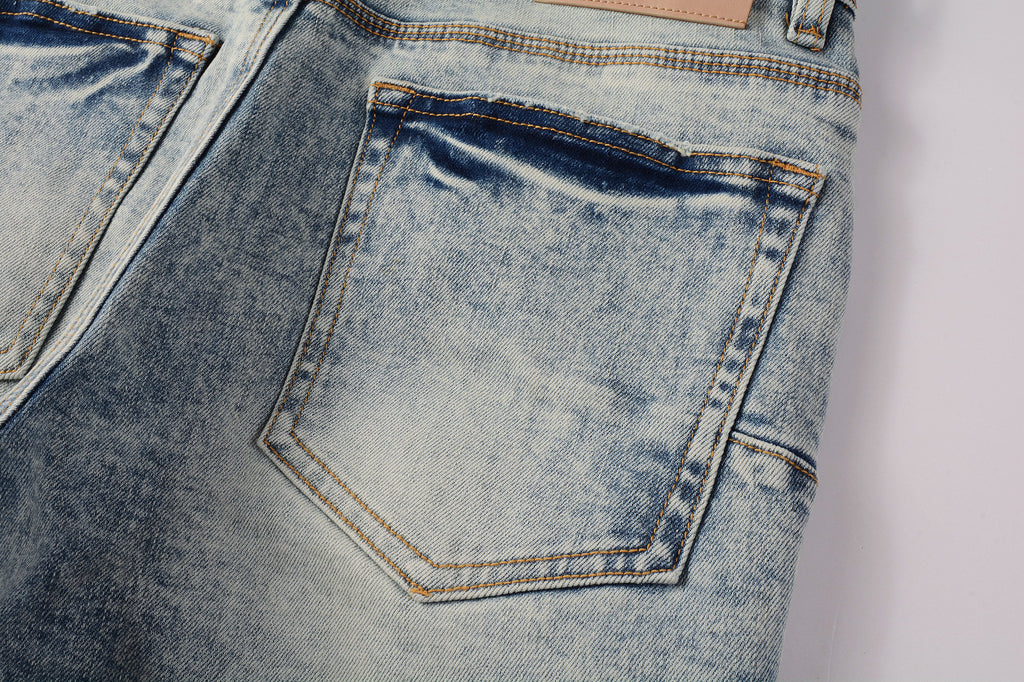 Men's Distressed Light Indigo Skinny Jeans with Ripped Holes & Button Fly