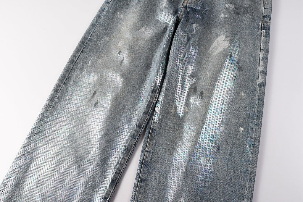 Men's & Women's Distressed Blue Baggy Jeans with Graffiti Design & Stretch Fit