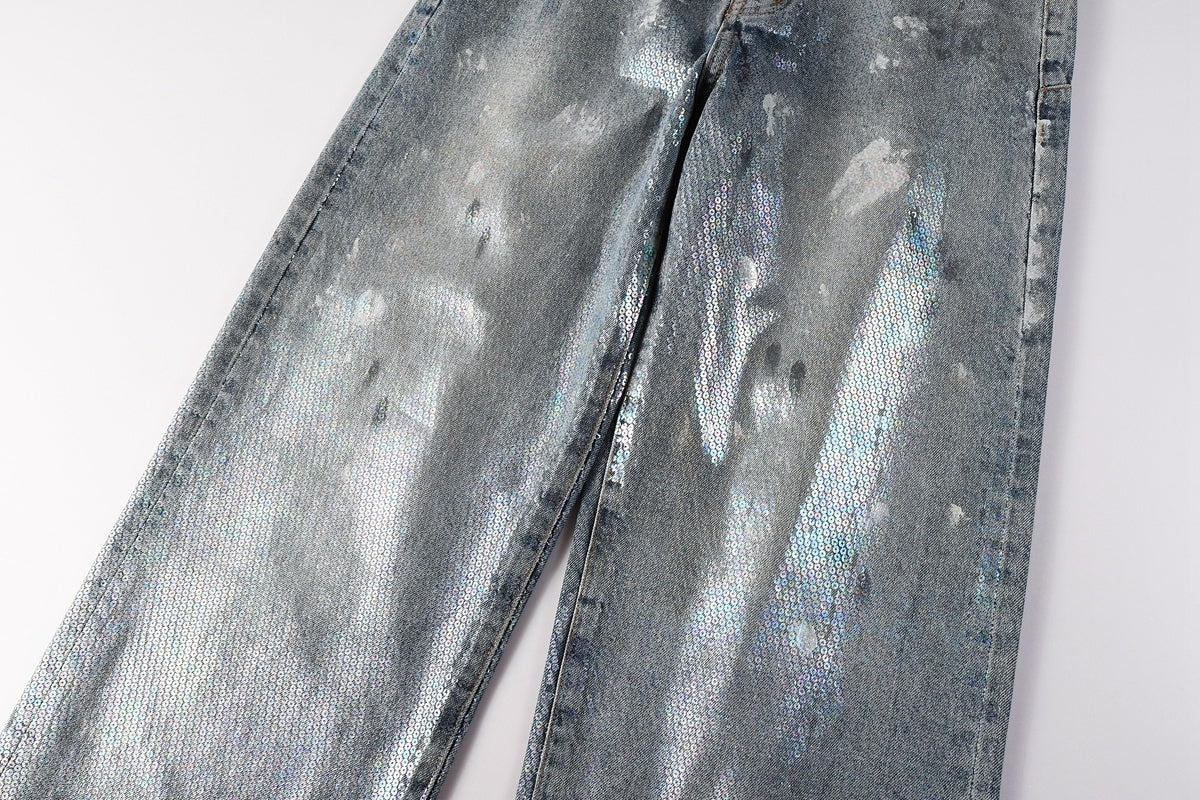 Men's & Women's Distressed Blue Baggy Jeans with Graffiti Design & Stretch Fit