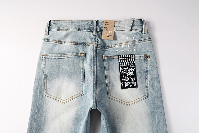 Men's Ksubi-Style Light Wash Rhinestone Logo Skinny Jeans - Streetwear Denim