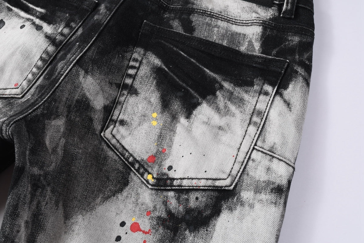 Men's Tie-Dye Graffiti Skinny Jeans with Ripped Holes & Button Fly
