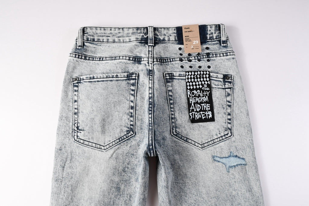 Men’s Acid Wash Skinny Jeans - Distressed Embroidered Street Denim