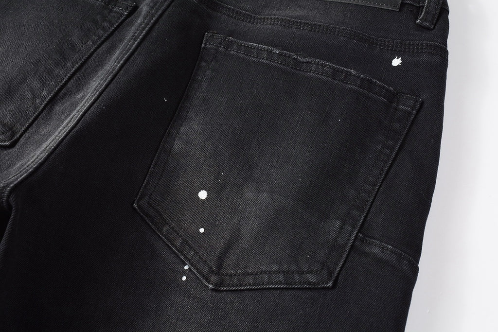 Men's Distressed Black Skinny Jeans with Graffiti Print, Ripped Holes & Button Fly