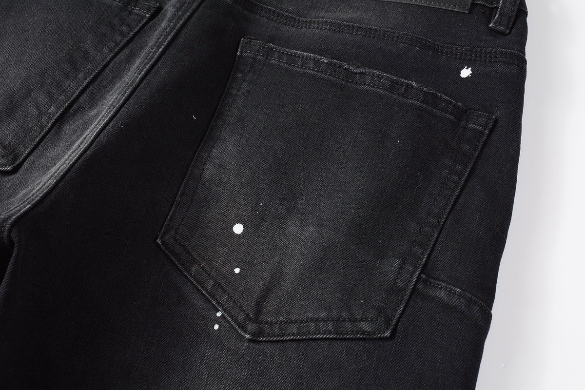 Men's Distressed Black Skinny Jeans with Graffiti Print, Ripped Holes & Button Fly