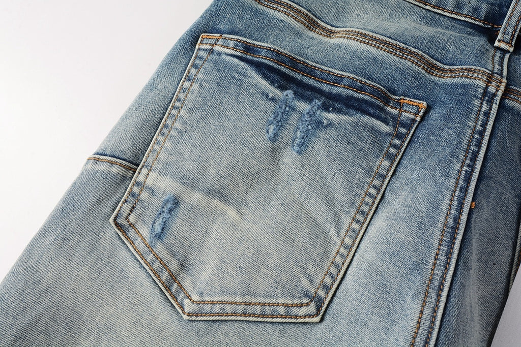 Men's Streetwear Slim Fit Distressed Light Blue Stretch Skinny Damaged Holes Raw Hems Ripped Jeans
