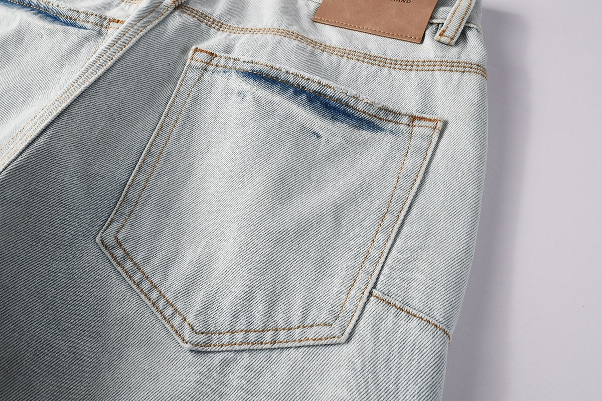 Men's Wide Leg Distressed Blue Jeans with Bandanna Patchwork, Ripped Holes & Button Fly