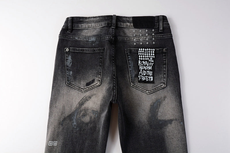 Men's Black Gray Washed Distressed Skinny Jeans - Streetwear Ripped Denim Pants