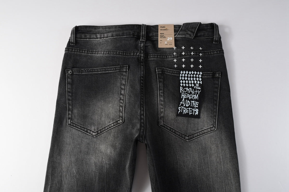 Men’s Black Washed Skinny Jeans - Knee Ripped Streetwear Denim