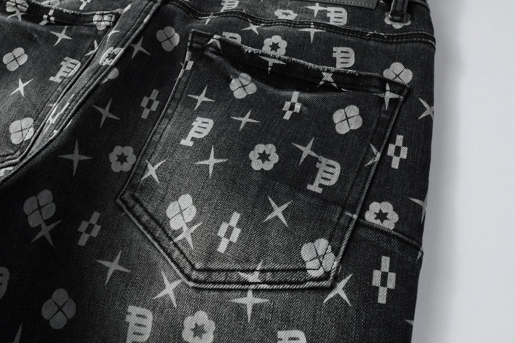 Distressed Skinny Jeans with Laser Print Patterns & Ripped Holes & Button Fly