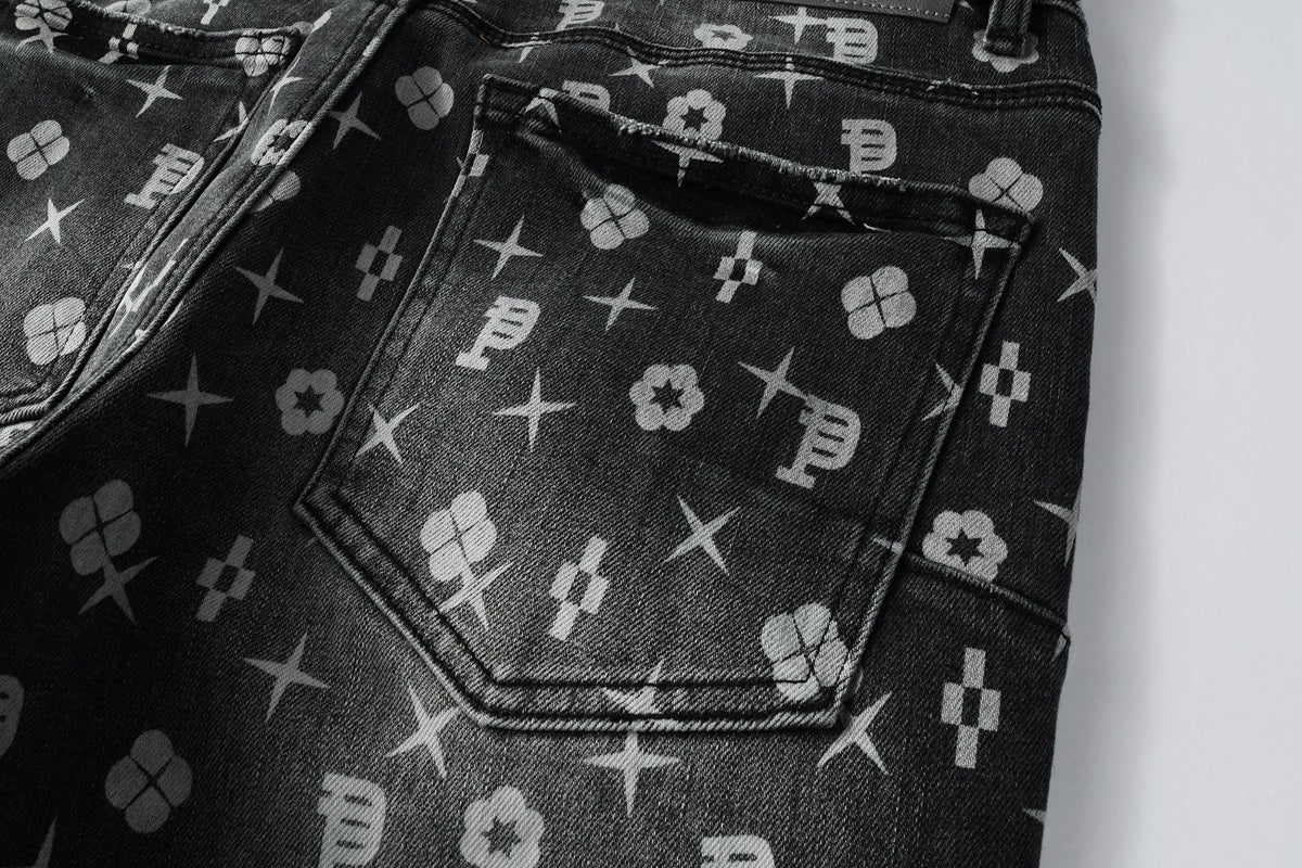 Distressed Skinny Jeans with Laser Print Patterns & Ripped Holes & Button Fly