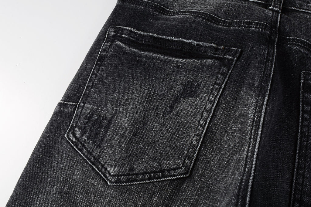 Men's Distressed Black Gray Skinny Jeans with Ripped Holes & Button Fly