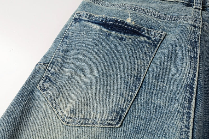 Men's Distressed Light Blue Graffiti Ripped Skinny Jeans with Button Fly & Damaged Holes