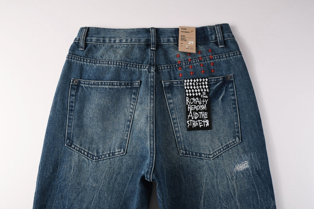 Men’s Vintage Blue Baggy Jeans - Distressed Knee Patch Denim