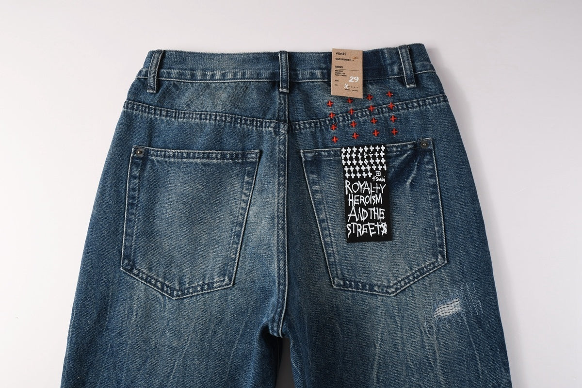 Men’s Vintage Blue Baggy Jeans - Distressed Knee Patch Denim