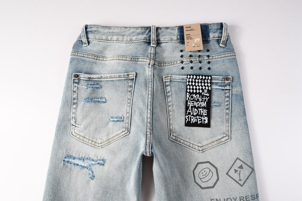 Men’s Light Wash Biker Skinny Jeans - Distressed Street Denim